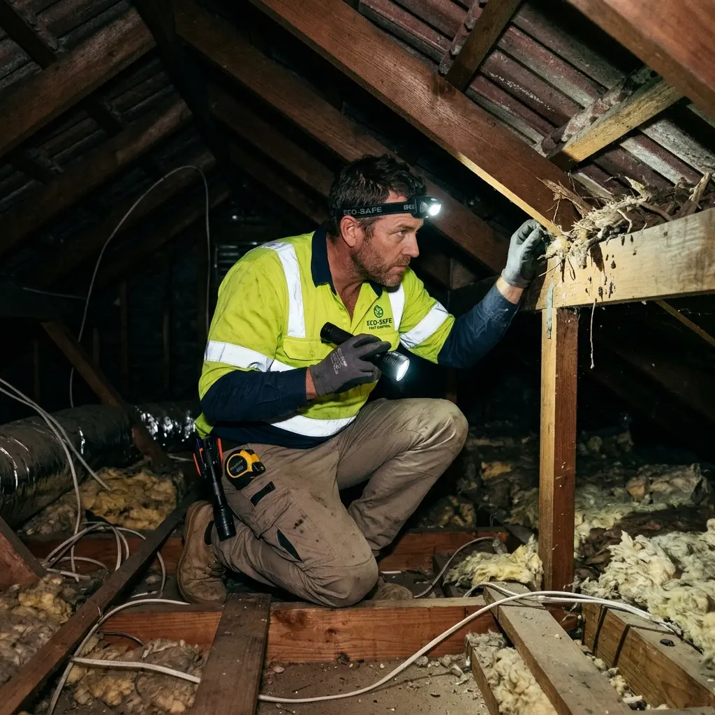 Technician inspecting a roof cavity for a dead animal in Essendon West
