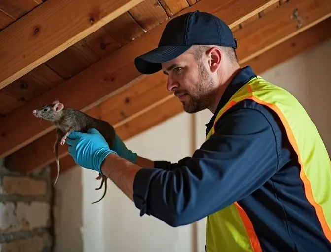 Technician inspecting a roof cavity for a dead rat in Essendon West
